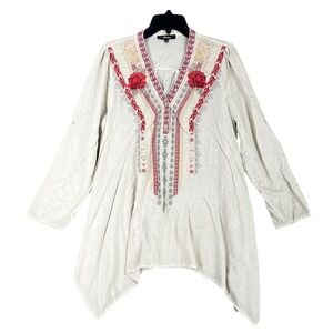 Andree Top‎ Womens Large Beige Roll Tab Sleeve V-Neck Boho Peasant Festival